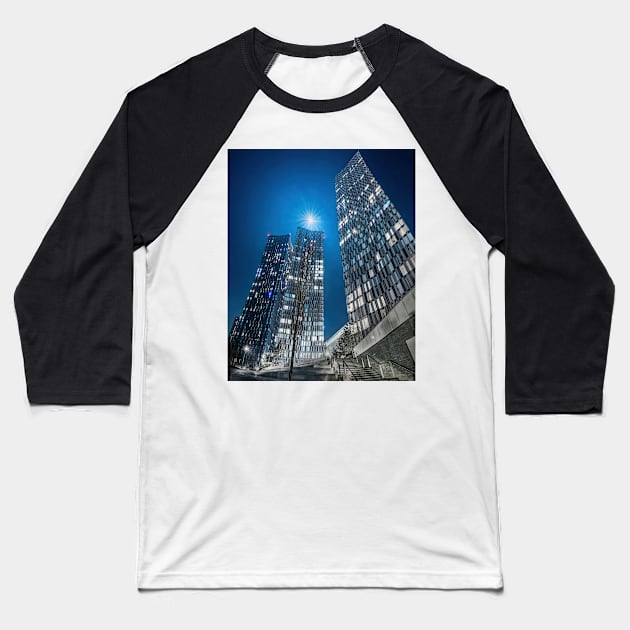 City skyscrapers at night with the moon Baseball T-Shirt by TonyNorth